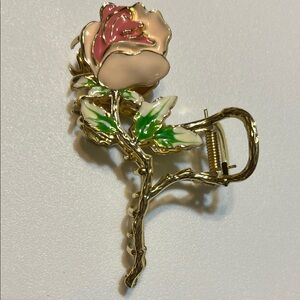 Pink Rose Flower Gold Toned Hair Claw Clip Vintage Victorian Style Accessory